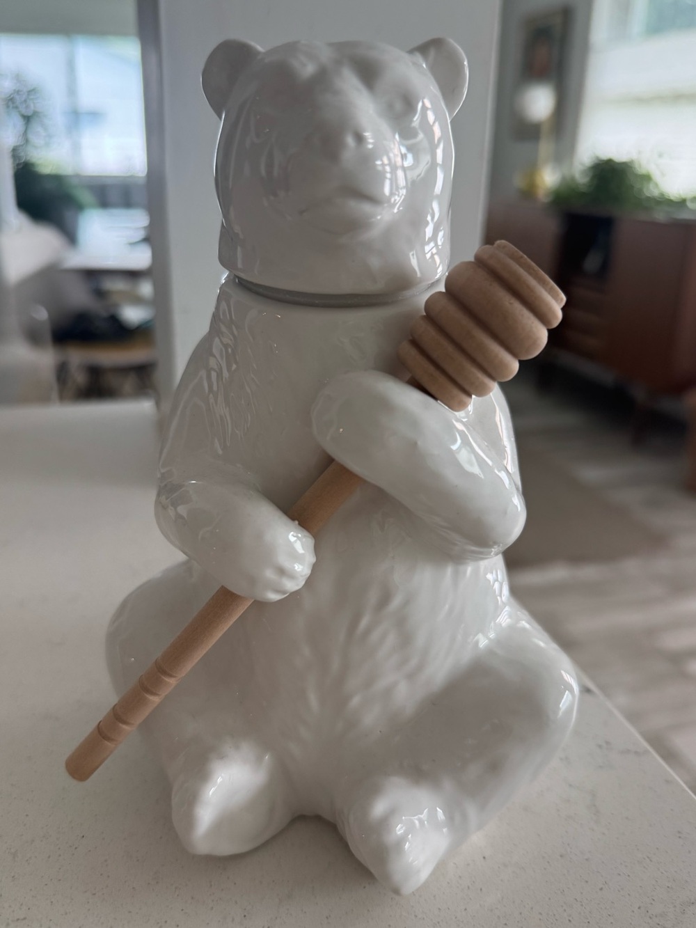 Creative Co-Op White Ceramic Bear Honey Pot Jar w/ Bamboo Dipper